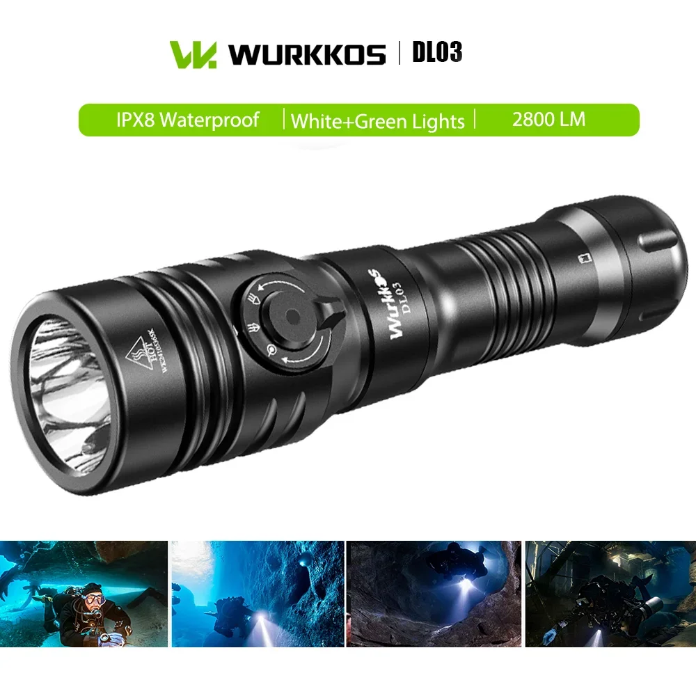 

Wurkkos DL03 Diving Flashlight 2800LM IPX8 Waterproof Torch with White & Green Light Dual Switch & Reverse Charging for Fishing