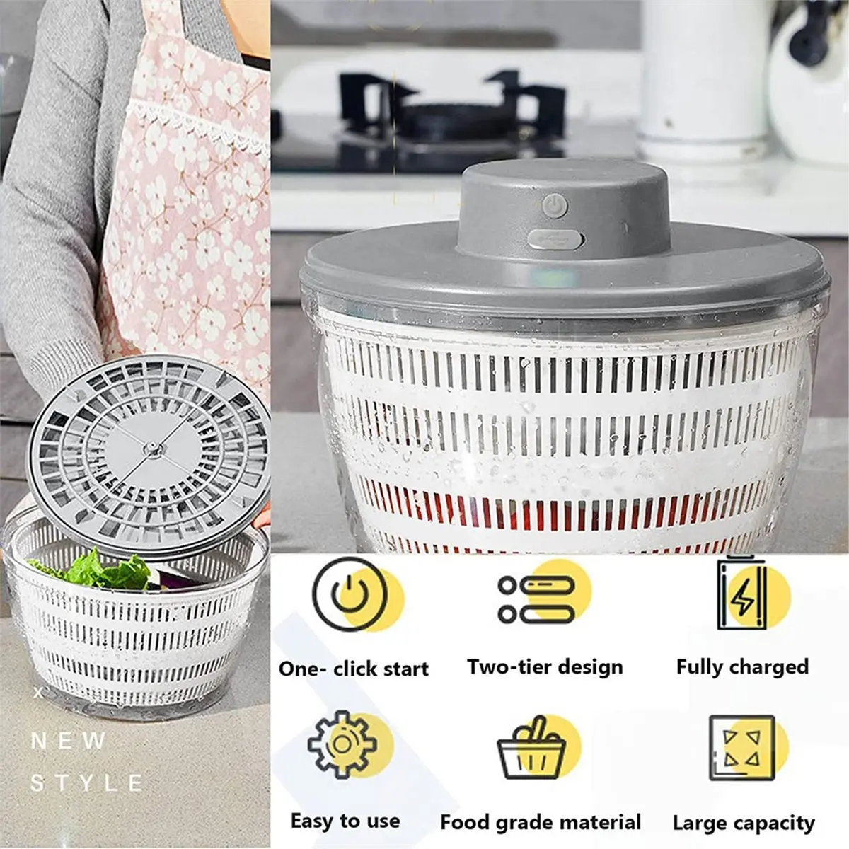 11·11COUPON Electric Salad Spinner - Lettuce Vegetable Dryer, USB Rechargeable, Quick Drying Lettuce Fruit Spinner with Bowl