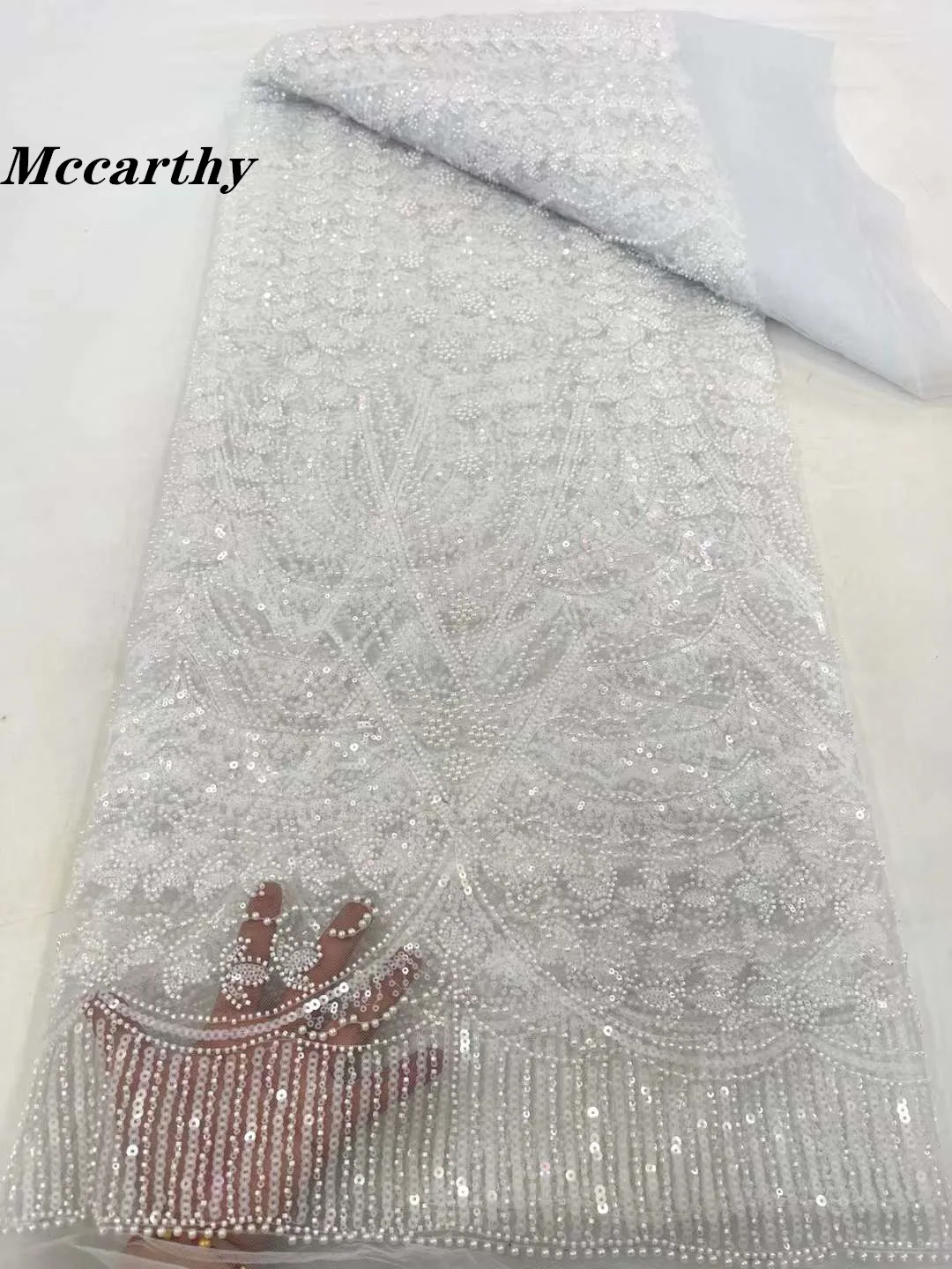 

Mccarthy Luxury African Beads Lace Fabric 2024 High Quality 5 Yards French Embroidery Sequins Lace Fabrics For Christmas Sewing