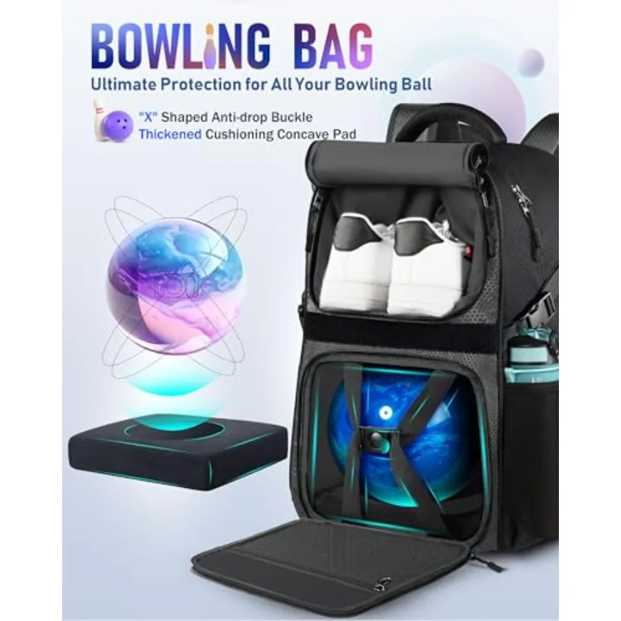 Bowling Ball Bag, Single Bowling Backpack with Shoe Totes Bag Up to Size 16, Padded Ball Holder Bag, Accessories Gifts for Love view 3