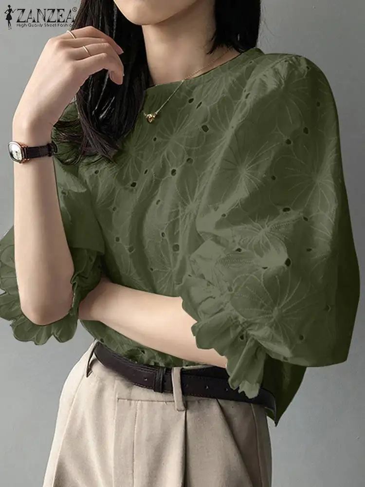 ZANZEA Hollow Out Embroidery Women Blouses Korean Fashion Puff Sleeve Solid Cotton Blusas 2024 Summer Elegant Commute Party Tops