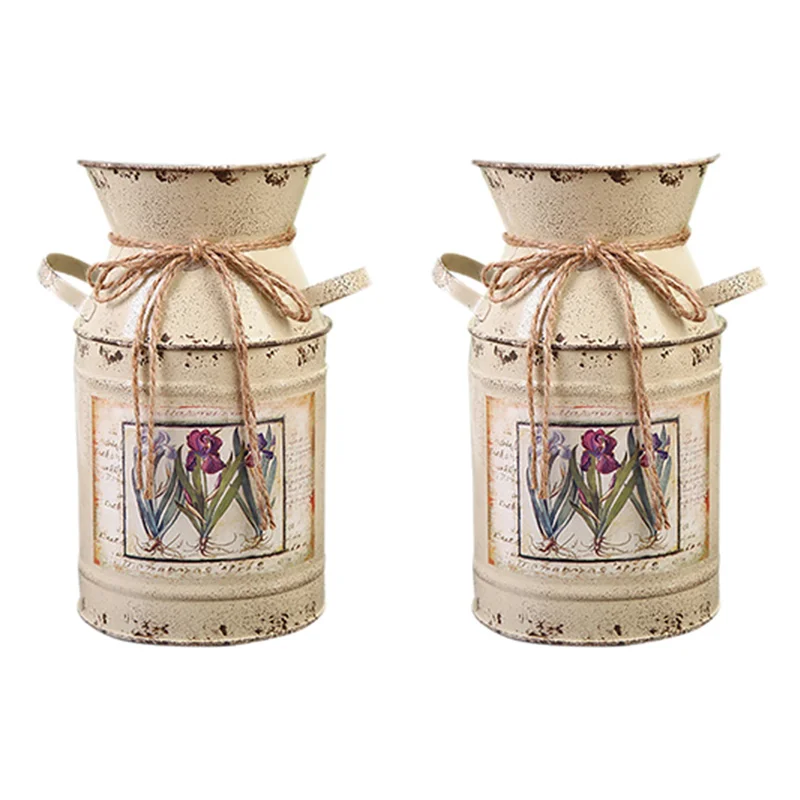 

AB46-2X Shabby Table Gift Arrangement Craft Home Decoration Vintage Pots Iron Bucket Wedding Flower Vase Rural Style -Beige
