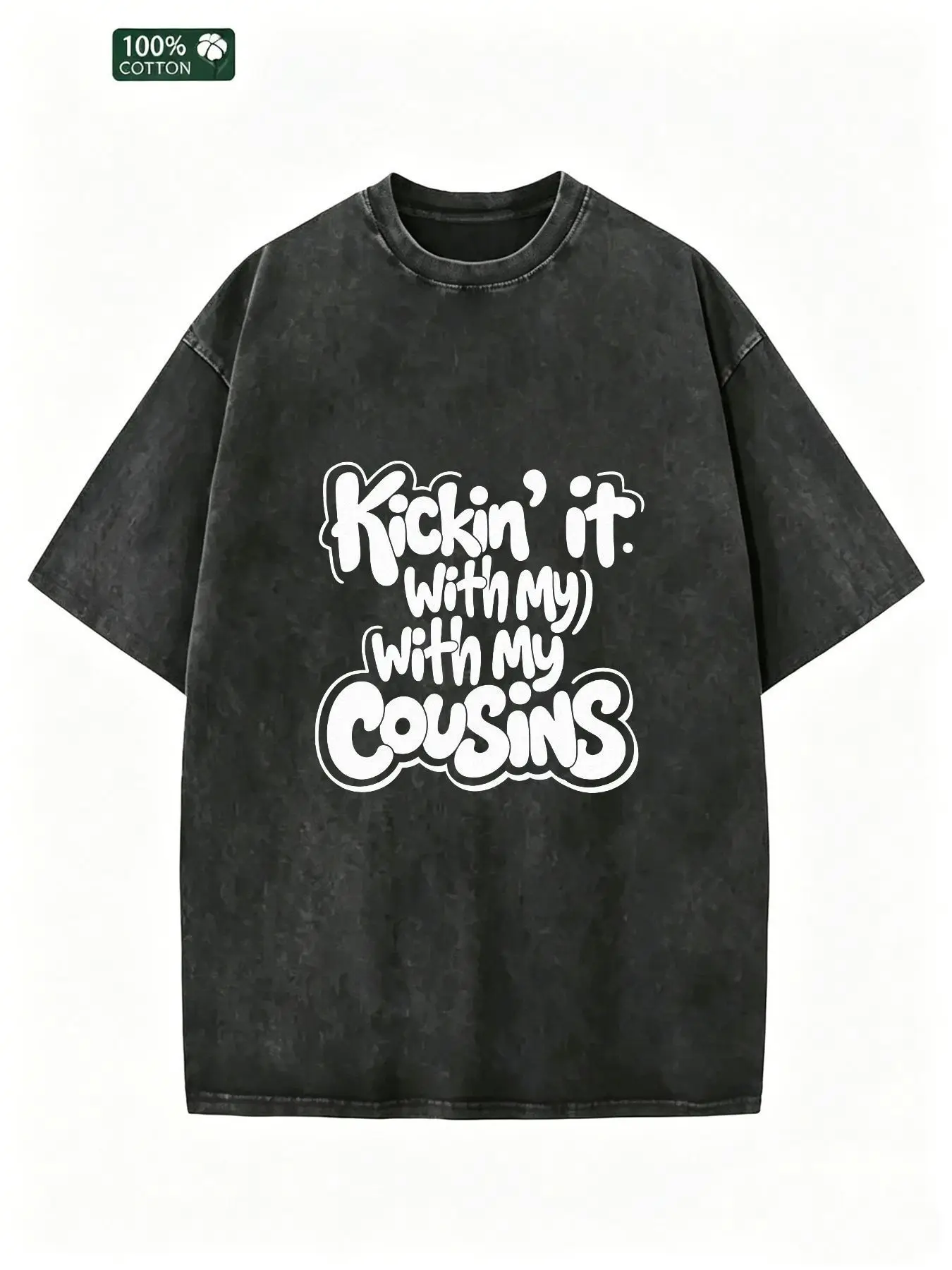 Men's Vintage Acid Wash Black T-Shirt - Pure Round-Neck Short Sleeves, Retro Bubble Letter Print 