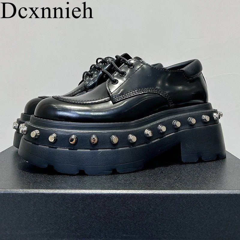 Chunky Heel Thick Bottom Riding Boots Women Round Toe Real Leather Lace Up Platform Ankle Botas Autumn Handsome Motorcycle Boots