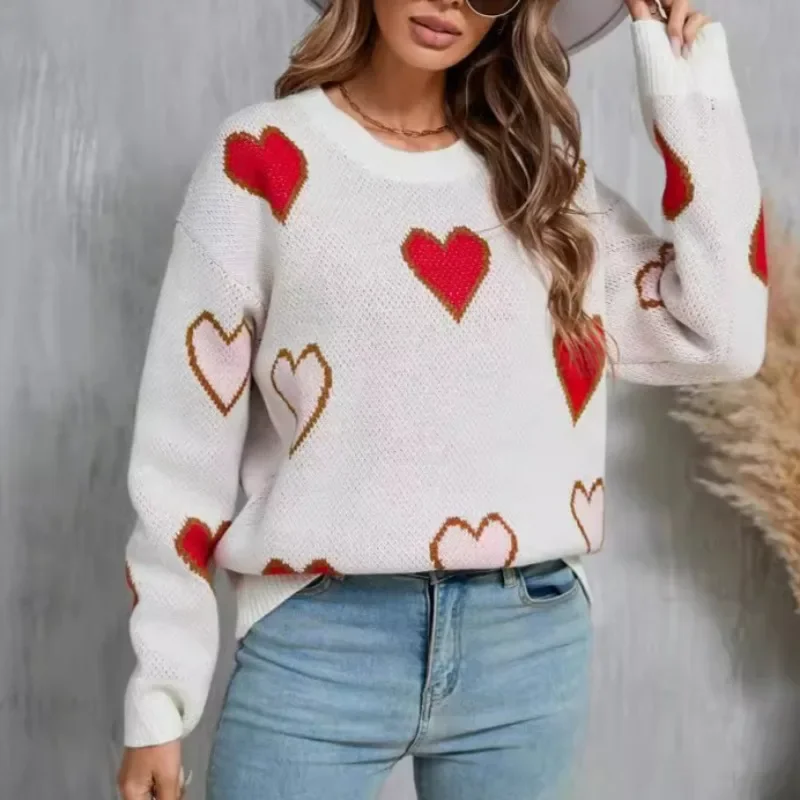 Casual Loose Love Knitted Hoodie Sweater for Winter Women's Sweater 2024 New Lover's Love Long Sleeve Sweaters for Woman Tops