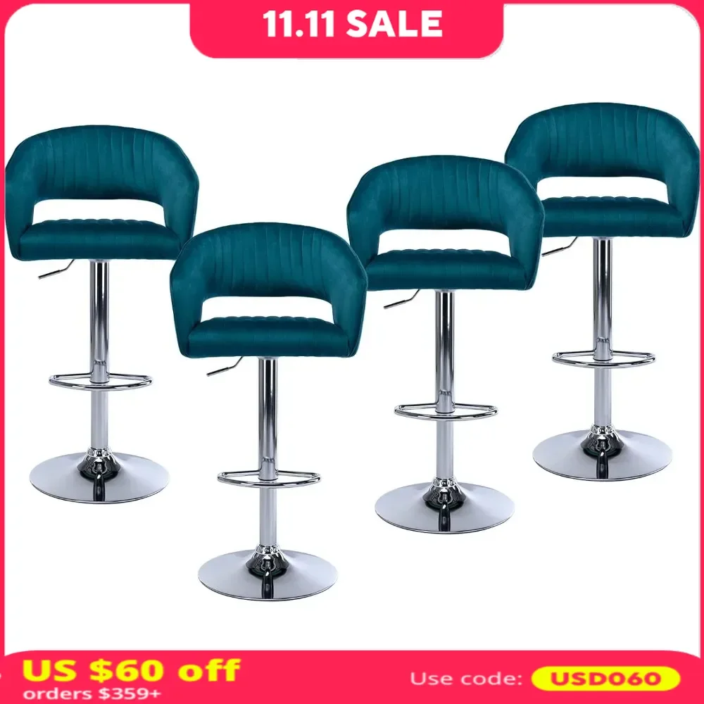 

Bar Stool, Set of 4, Velvet Upholstered Swivel with Backrest and Footrest, Height Adjustable, for Kitchen Island, Dining Chairs