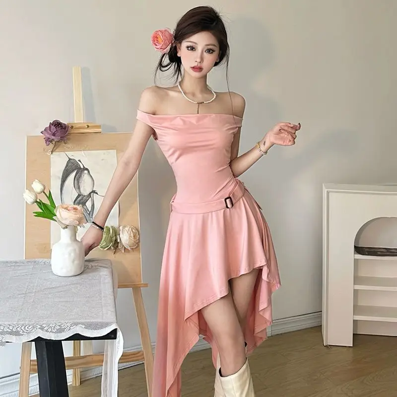 

Dress With Irregular Folds And Drape Pinch Waist Pink Summer Sweetheart Girl Dress Women'S Waist-Cinching Short Skirt Summer