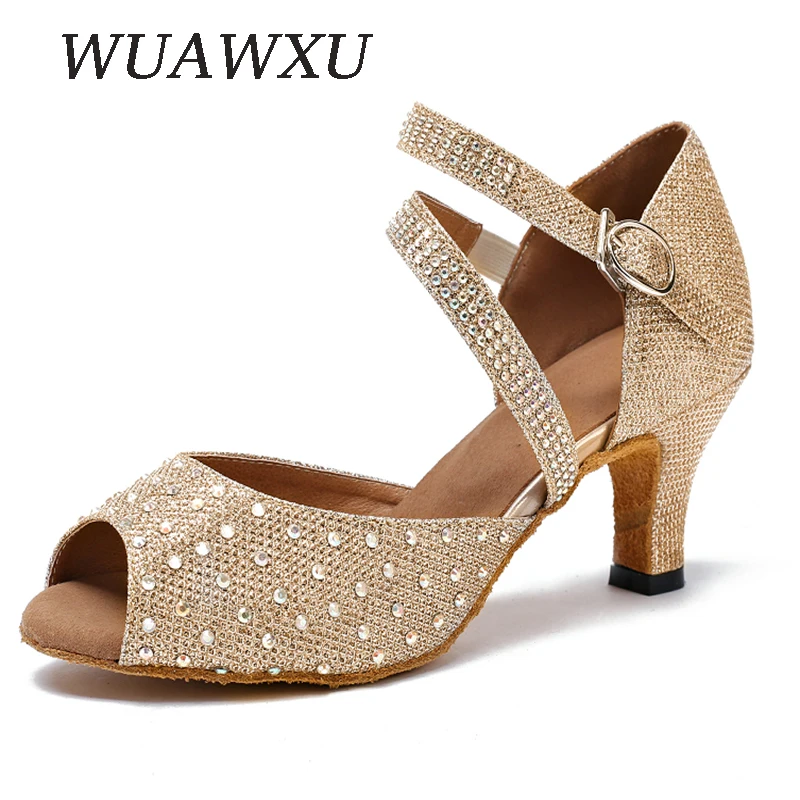 NATASHA2023 Latin Dance Shoes with Diamond Inserted Soft Sole Mid Heel High Heel Fashion Square Social Dance Shoes Sandals