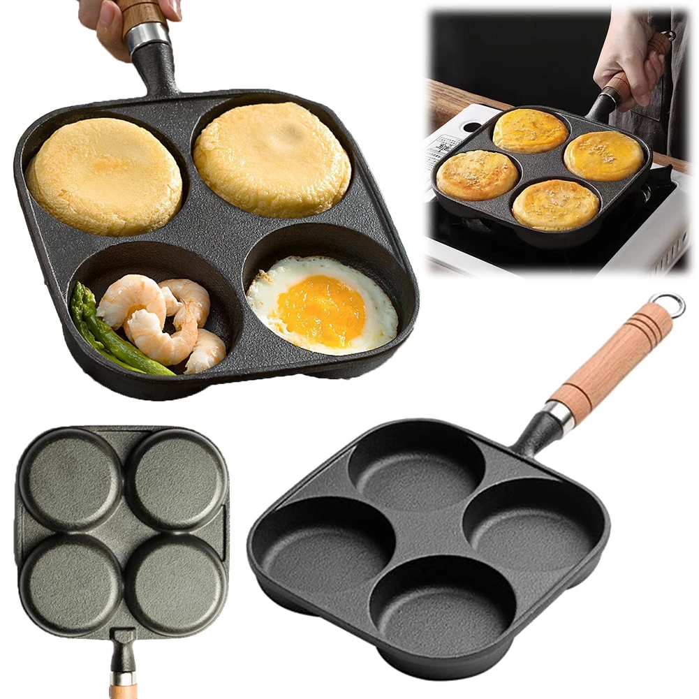 4-Hole Cookware Pancake Pan Wooden Handle Non Stick Frying Pot Multifunction Hamburger Steak Pan for Gas Stove Induction Cooker