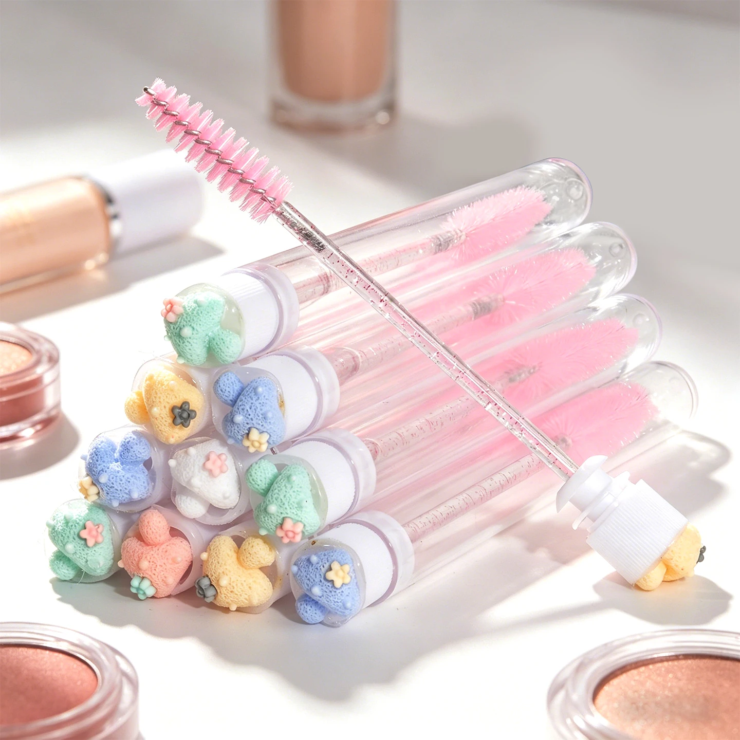 10pcs Cute Mushroom Lash Spoolie in Tube, Portable Crystal Mascara Wand, Reusable Makeup Brush & Brow Comb for Extensions