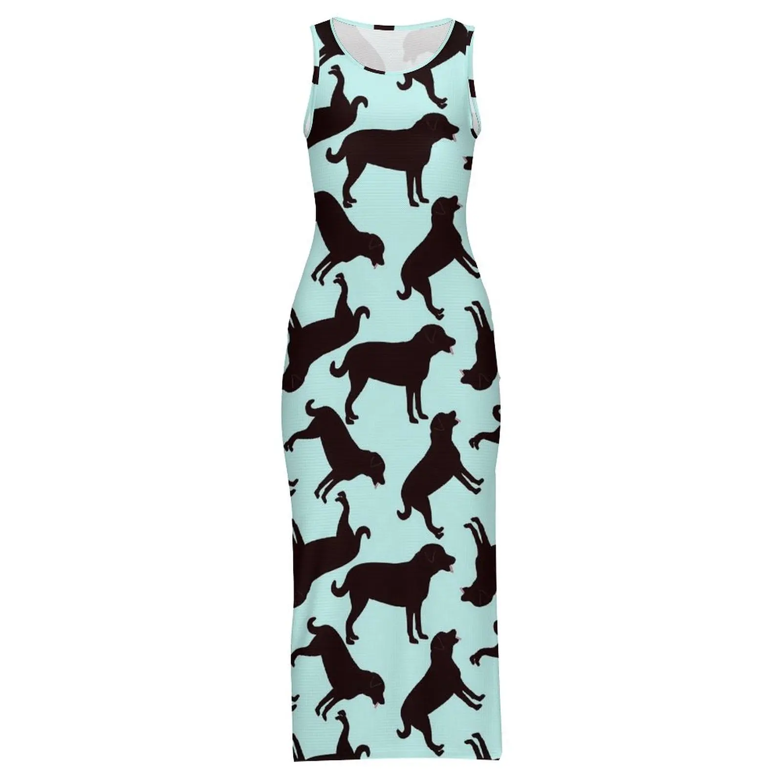 블랙 랩 개 프린트 드레스 민소매 실루엣 클럽 파티 맥시 드레스 여름 스트리트웨어 디자인 Bodycon Dress Large Size