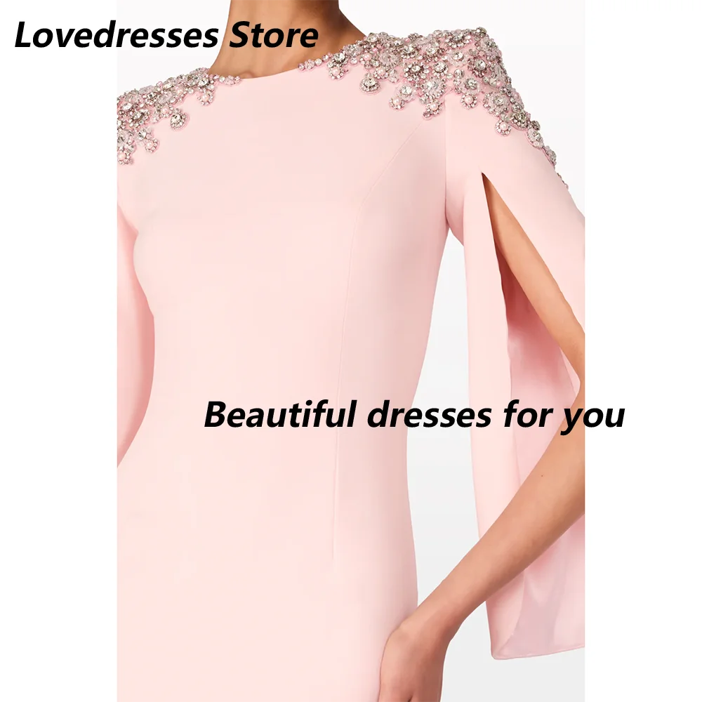 Vestido de noite luxuoso, cristal, gola redonda, mangas compridas, sereia, vestidos de noite para mulheres, trompete rosa, vestidos de festa formais personalizados