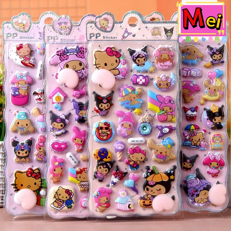 Autocollants en forme de boule anti-Stress de décompression, 4 pièces, dessin animé de haute qualité Kuromi Kitty mélodie Pudding chien Anime 3D autocollant cadeau