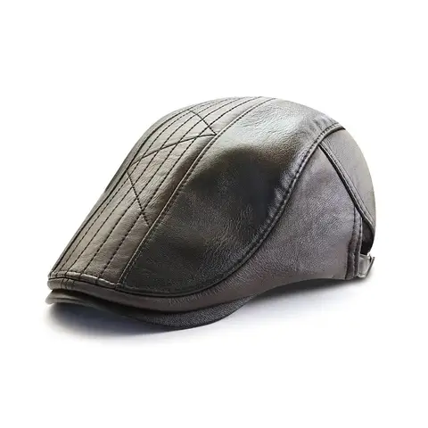 Casual PU Leather Berets Cap Autumn Winter Adjustable Warm Visors Cap Letter Peaked Cap For Women Men