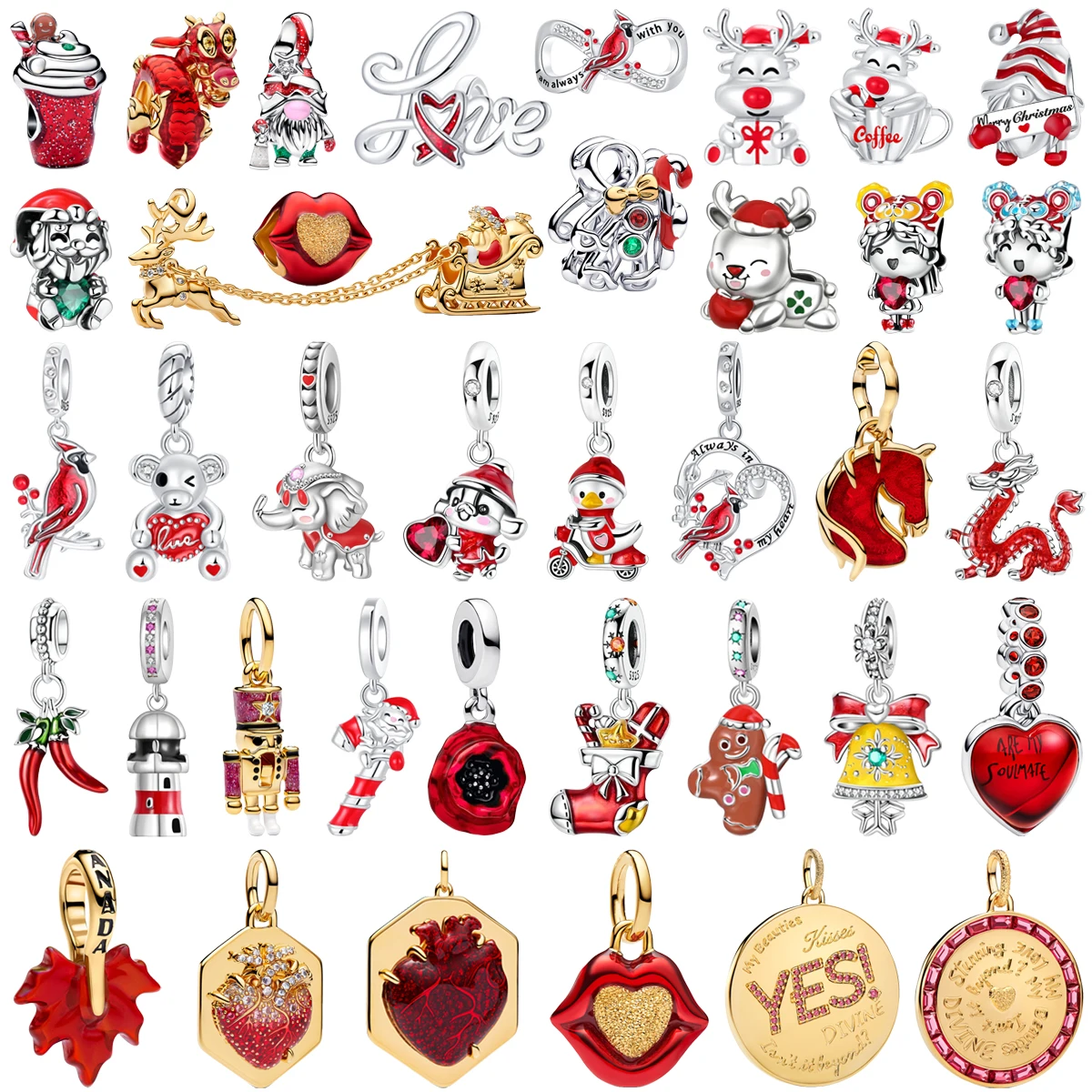 925 Sterling Silver Lipstick Lips Santa Claus Reindeer Sled Bell Bird Beads Pendant Bracelet Necklace Women's DIY Jewelry Gifts