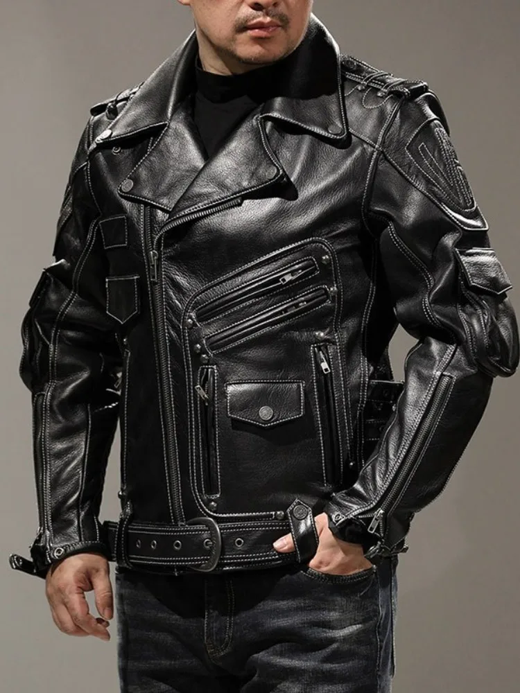 Punk Style Mens Genuine Leather Motorcycle Jacket Multiple Pockets Zip Turn-Down Collar Street Slim Fit Real Cowhide Coat Male