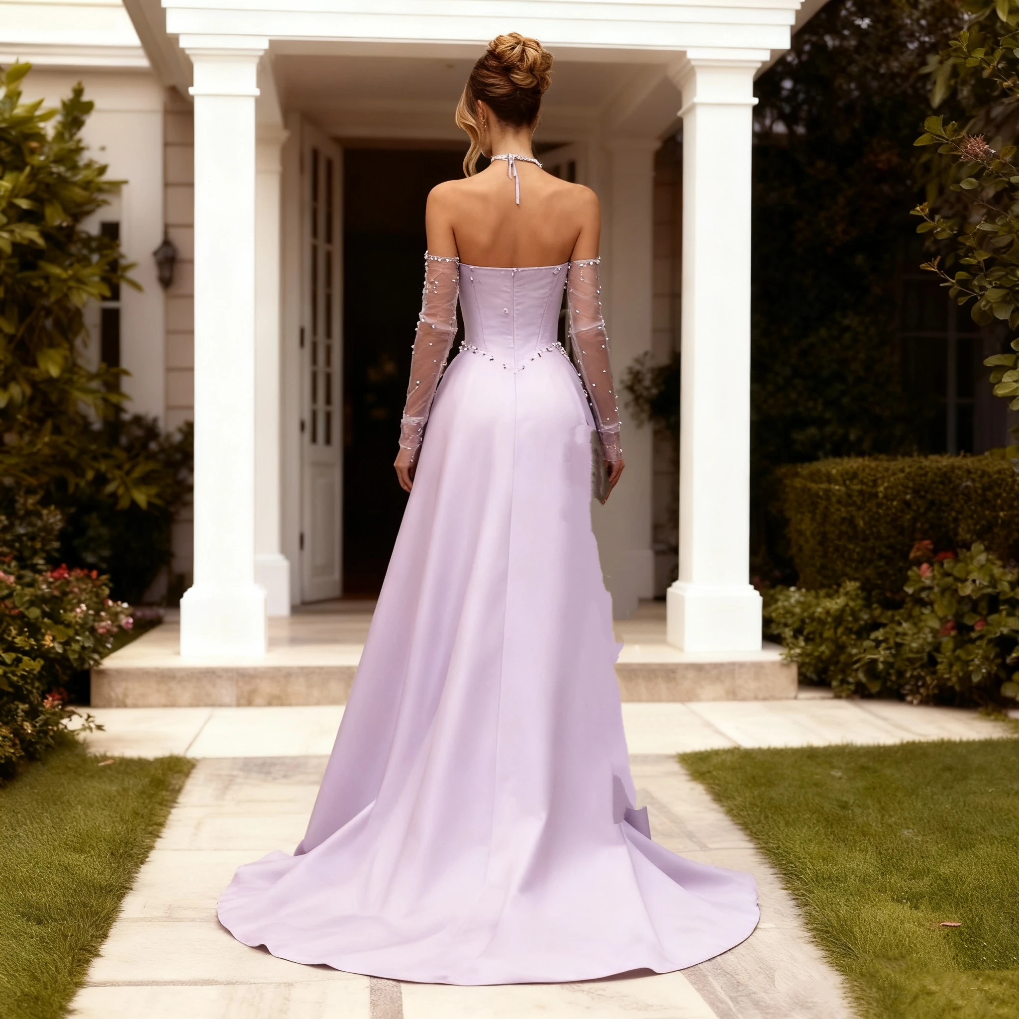 فساتين حفلات عربية سعودية وردية مثيرة حسب الطلب فستان سهرة من الساتان على شكل حرف a للحفلات الراقصة لؤلؤي بفتحة عالية للحفلات الرسمية