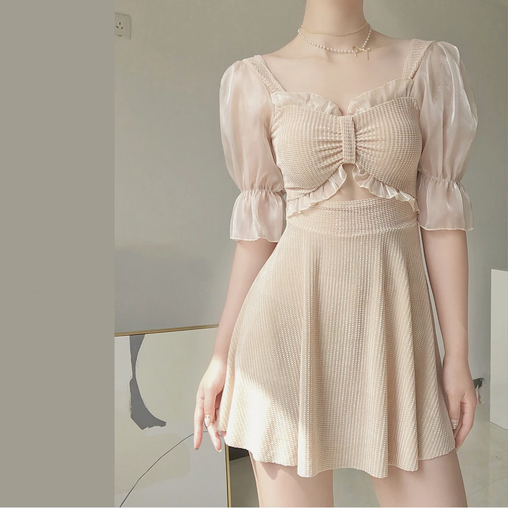 Minivestido con mangas abullonadas de color albaricoque, culotte, traje de baño coreano, Bikini con borde de malla, traje de baño conservador sin espalda, ropa de playa