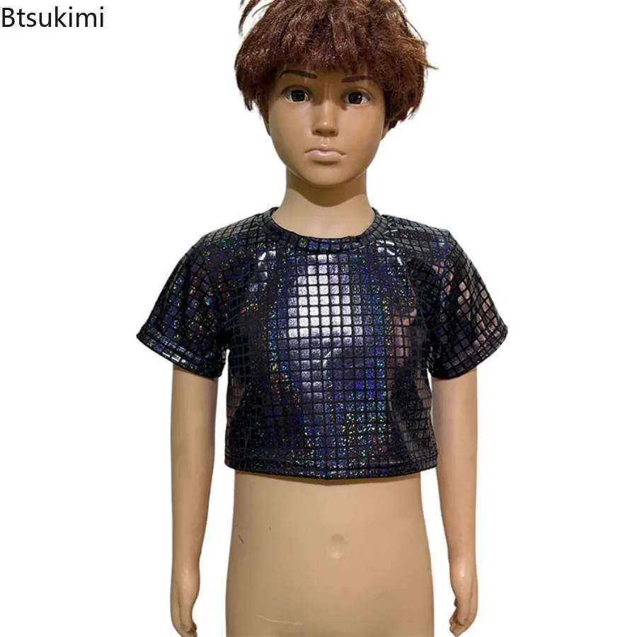 Summer Kids Boy Girl Hip Hop Jazz Outfits Set Short Sleeve Metallic Disco Crop Tops Cheerleading Children's Performance Costume view 4