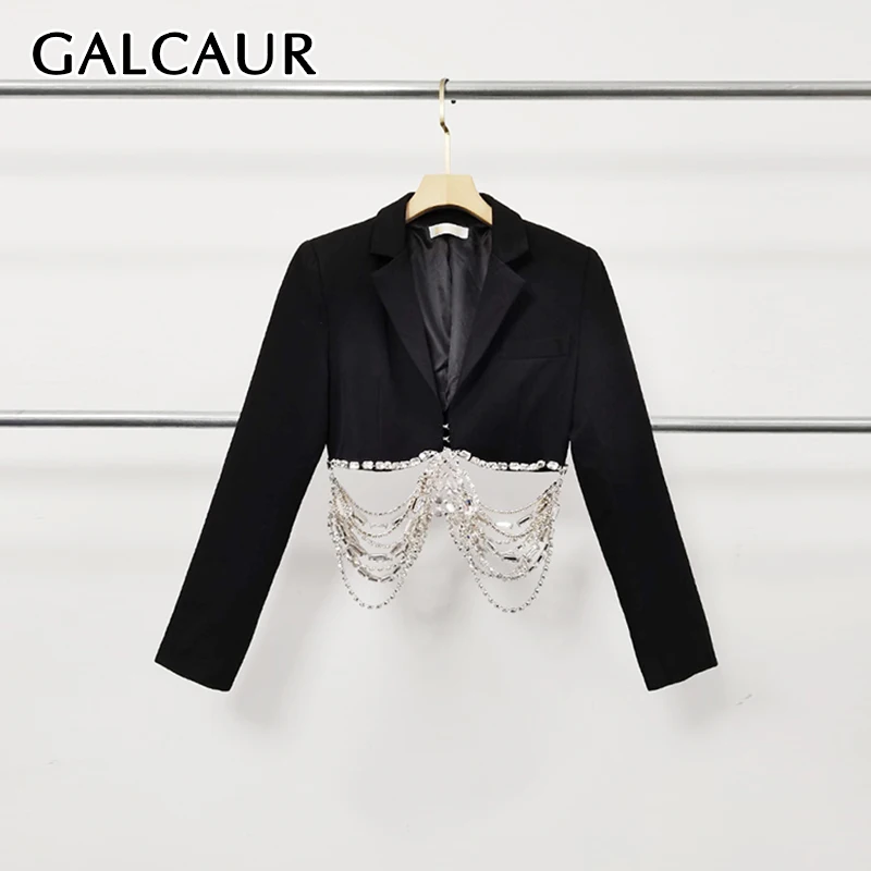 

GALCAUR однотонный утягивающий роскошный пиджак с цепочкой для женщин, лоскутное пальто с длинными рукавами и лацканами с бриллиантами, женская одежда, новинка