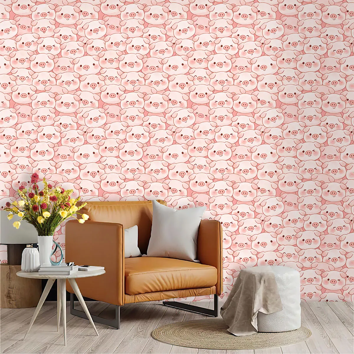 1 Roll Cartoon Cute Little Pig Print Self-adhesive Circular Wallpaper for Living Room, Bedroom, Cabinet, Fashionable Stickers