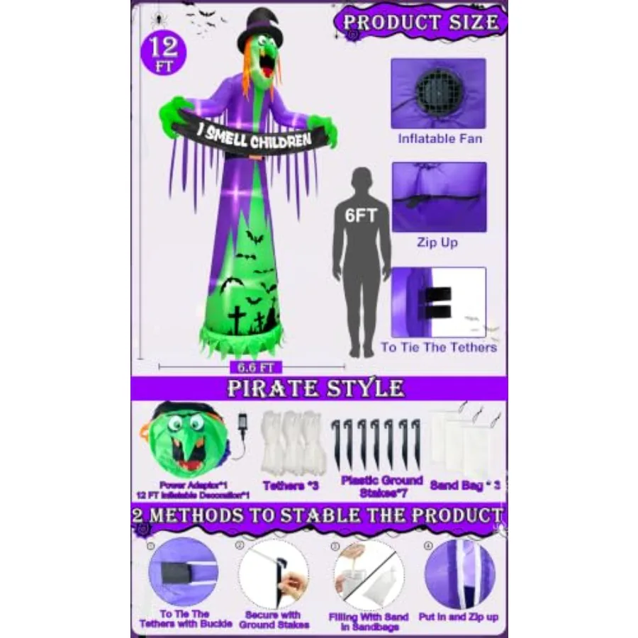 12FT Giant Halloween Inflatables Witch Decorations for Outdoor Garden, PVC material, black and purple, weather-resistant with b