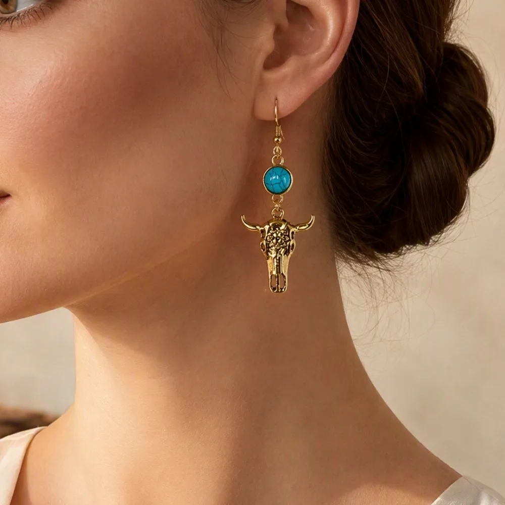 Bohemian Ethnic Gold Color Imitation Turquoise Bull Head Dangle Earrings for Women Western Cowboy Vacation Travel Jewelry Gifts