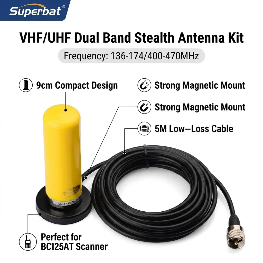 

Двухдиапазонная антенна Superbat VHF/UHF для автомобильной мобильной радиостанции, 9-см магнитное основание, разъем BNC, кабель 5 м, совместимость со сканером BC125AT