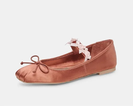 Pink Satin Square Toe Shoes Bow Embellished Ballet Flats with Straps Slip On Summer Spring Sweet Women Fashion Dress Casual Shoe