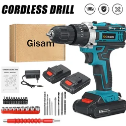 Gisam Cordless Impact Drill Electric Screwdriver Rechargeable Handheld Hammer Drill Power Tool 25+3 Torque Driver Li-ion Battery