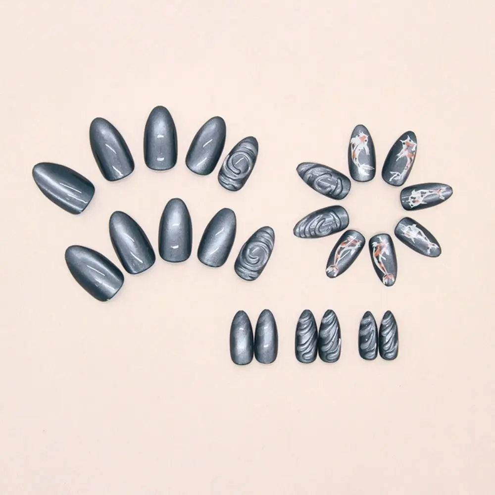 24pcs Manicure Long Almond False Nails Star Moon Cat Eye Press on Nails French Flower Nail Tips Women
