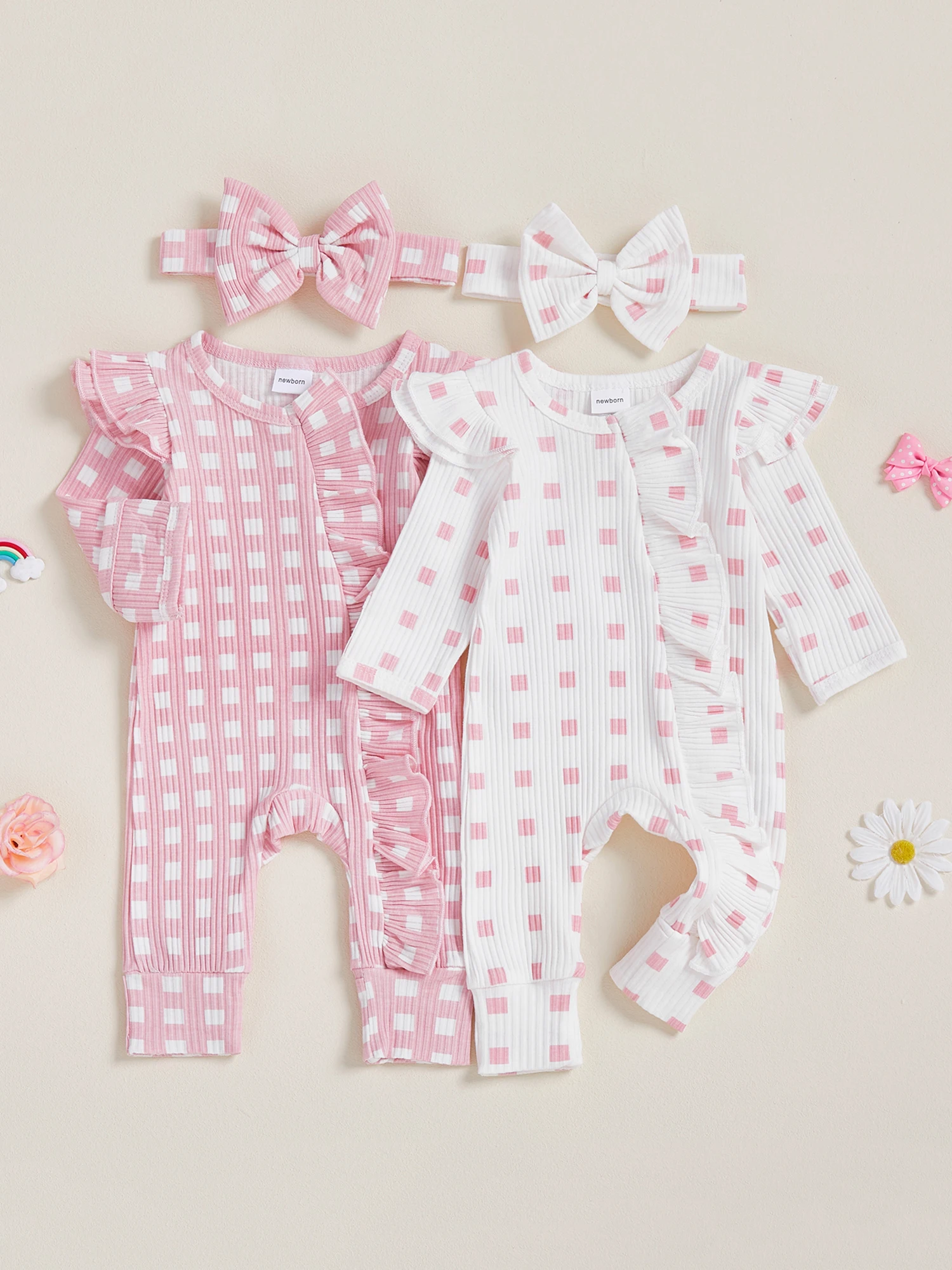 

Toddler Girl Winter Overall Set Plaid Pattern Knitted Long Sleeve Round Neck Full Length Ruffled Jumpsuit with Matching Bow