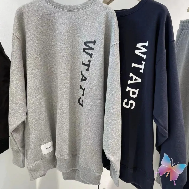 High Street Men Women Wtaps Sweatshirts Side Letter Print Street Cleanfit Cotton Casual Loose Round Neck Pullover