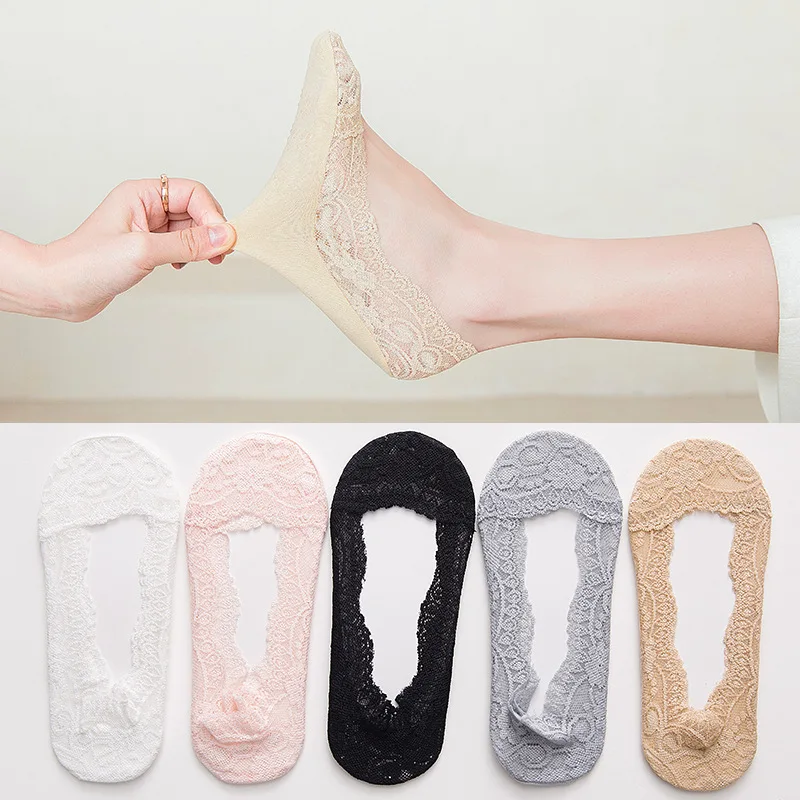 5 Pairs/Set Women's Short Socks, No-Show Socks, Invisible Socks, Summer Thin Cotton Beige Low-Cut Women's Black Lace Silicone Non-Slip