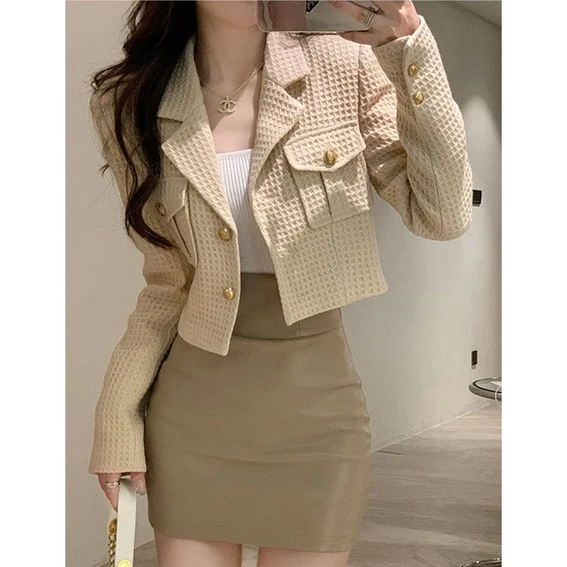 Cropped Jackets Women Elegant Basic Blazer Coats Office Lady Korean Autumn Long Sleeve Slim Simple All Match Outwear New