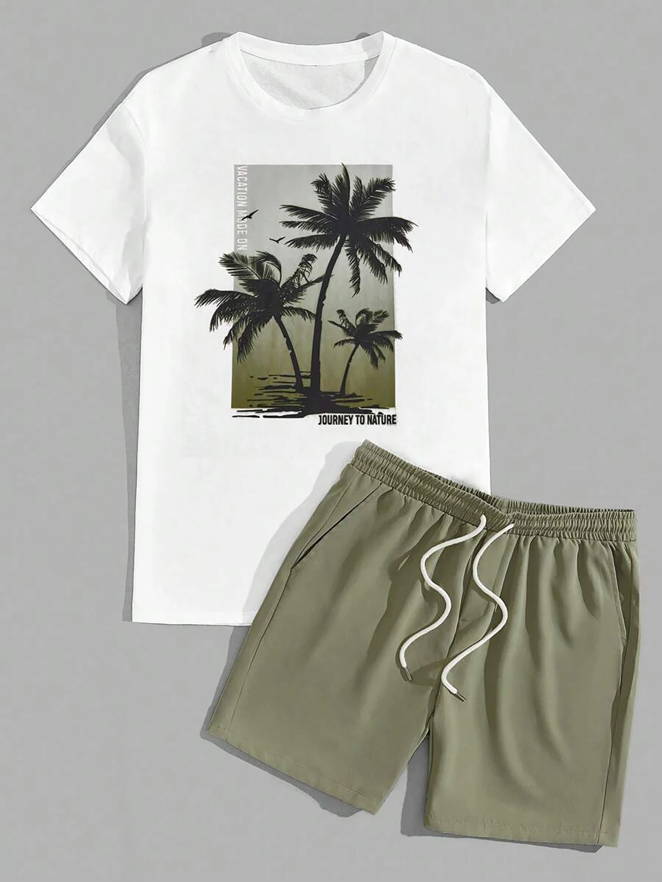 

Men's Premium Palm Tree Print T-Shirt & Drawstring Shorts Set, Elevated Vacation & Beach Wear
