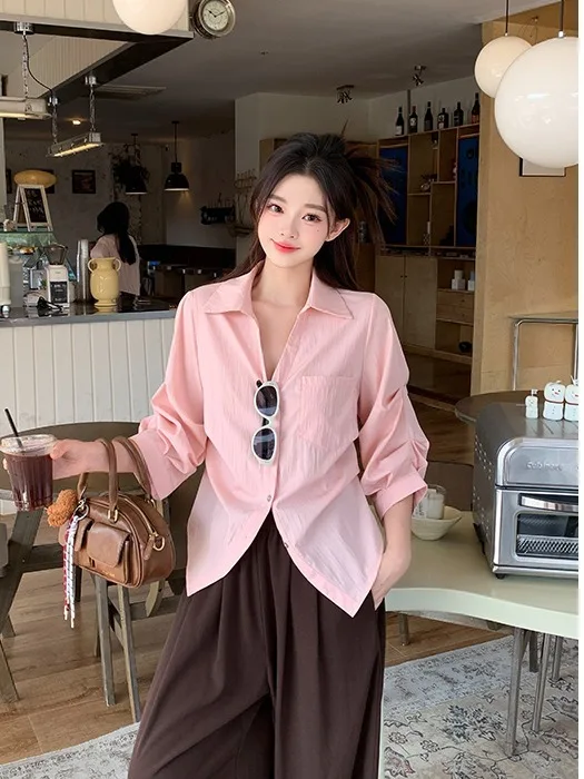 

plus Size Women's Gentle Style Casual Collar Bubble Sleeve Shirt Spring Summer Slimming Design Unique Top Korean Version Slim...