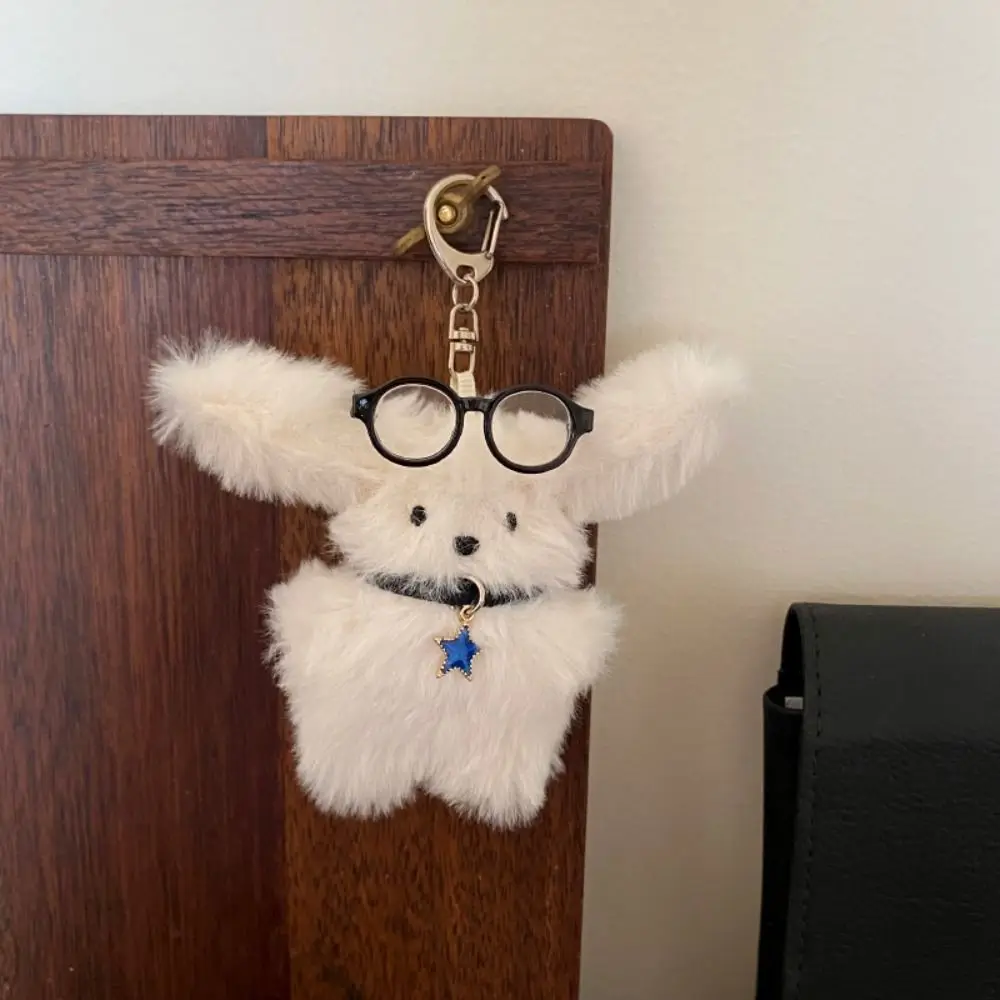 Maltese Wear Glasses Plush Pilot Rabbit Doll Key Chain Key Ring Bag Charms Long Ear Dog Key Ring Pendant Cartoon Design