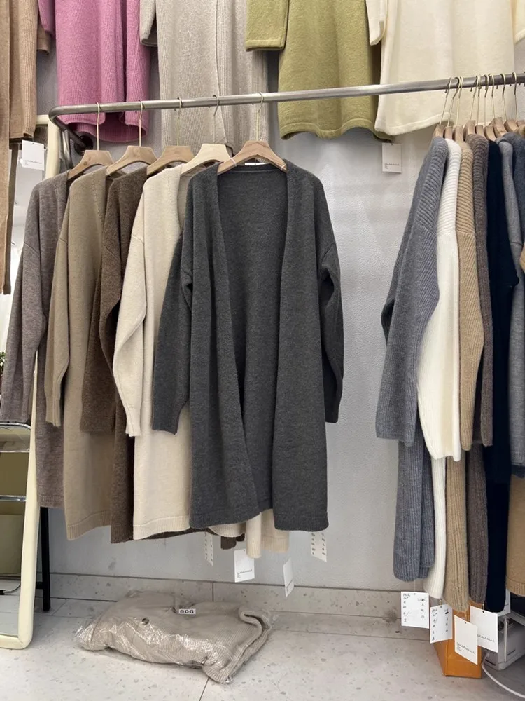 Camisola de malha de comprimento médio feminino casaco macio aconchegante na moda solta malha aberta cardigan primavera outono nova chegada sentimento premium