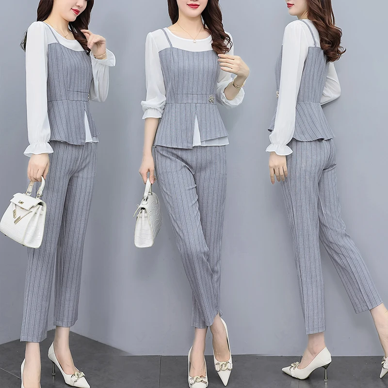 Women Oversize Patchwork Striped Slim summer Pants Sets 2024 New Fashion O-Neck Female 2 Pieces Outfits High Quality