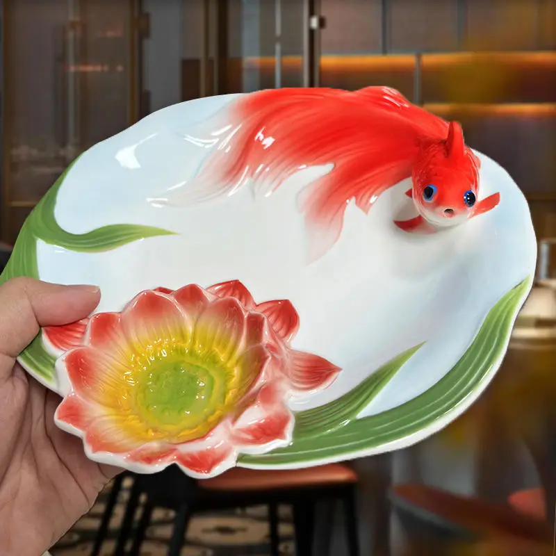 New Ceramic Dumpling Plate Household with Vinegar Plate Enamel Color Goldfish Plate Fruit Holder Ceramic Dishes