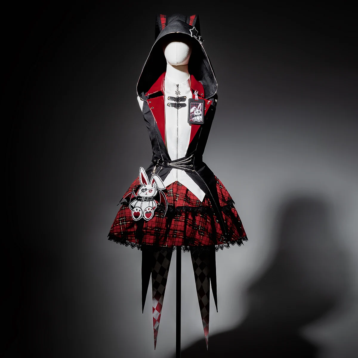 

2026Sweet Cool Girl Sleeveless Hooded Jacket Top High Waist Slim Plaid Skirt Three-piece Set Women Subculture Gothic Lolita Suit