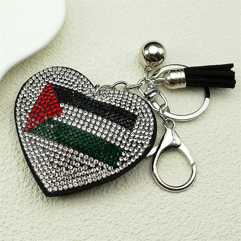 Palestine Flag Full Crystals Heart Shaped Key Chain for Women Men Leather Silver Color Keyring Bag Car Accessories Jewelry Gift - view 4