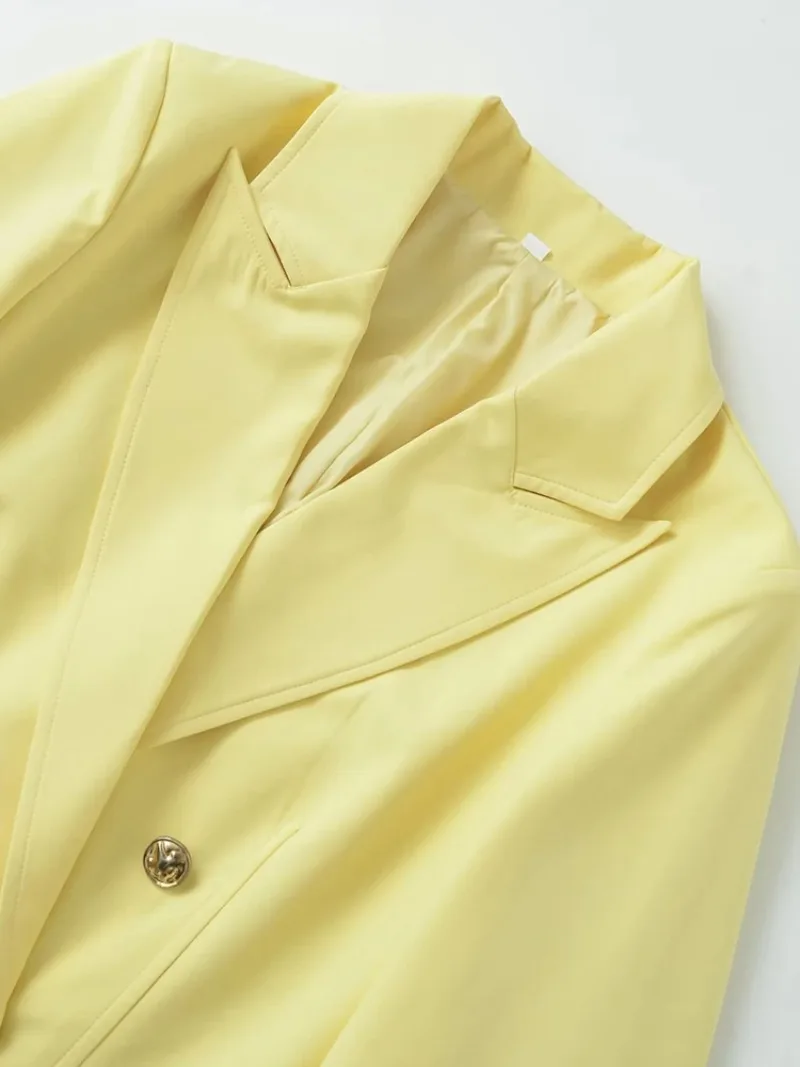 Moda outerwear feminino duplo breasted manteiga amarelo recortado blazer casaco manga longa chique gola de lapela superior