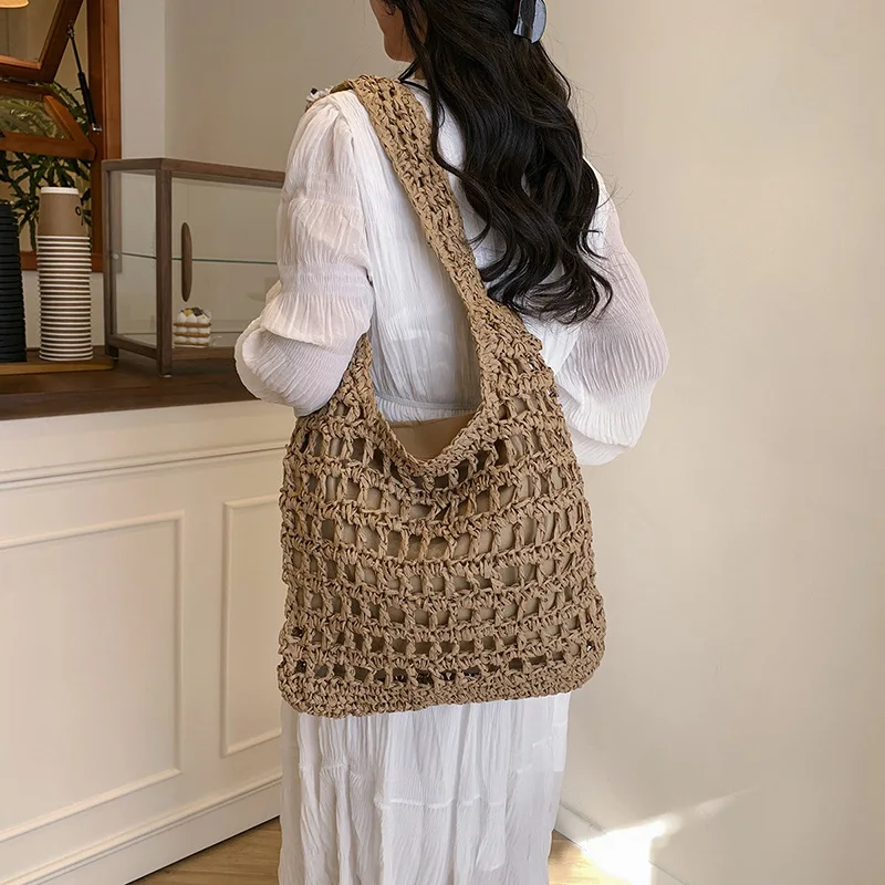 

New Summer Straw Bag for Women Straw Shoulder Bags Rattan Woven Underarm Satchel Hollow Raffia Crochet Beach Bag Casual Handbags