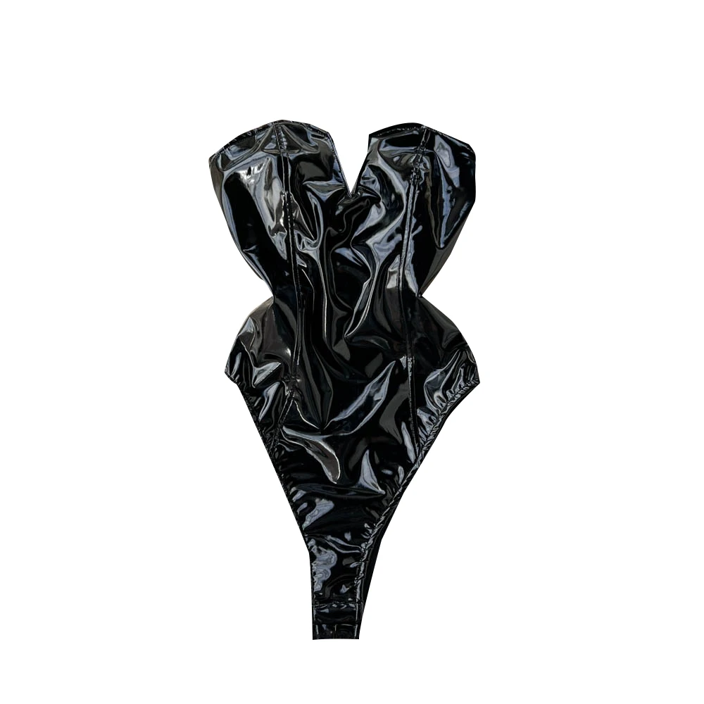 春の新作セクシーVネックPUレザーハイ スリットワンピース レディース ウエストシェイプタイトセクシーガールピュアディザイアワンピーススーツ