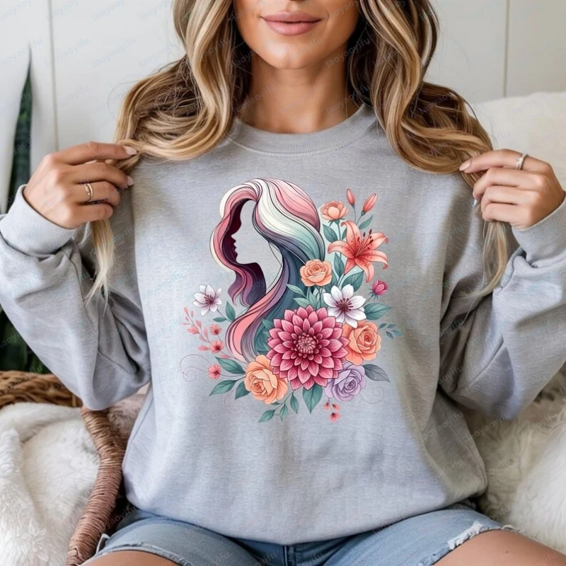 International Womens Day Floral Woman Line Art Graphic Shirt Gift  Winter Clothes Women Y2k Clothes Oversized Hoodie Gothic Tops