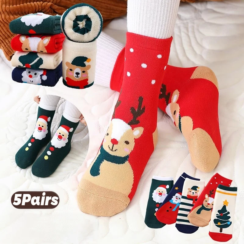 5 Pair Children's Socks Christmas Thick Woolen Hoop Socks Winter Boys and Girls Warm and Versatile Red Cartoon Mid Tube Socks