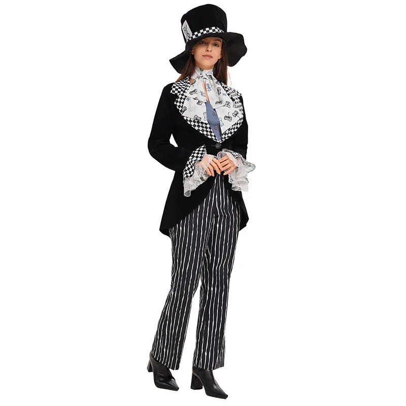 

Хэллоуин Алиса в стране чудес Безумный Шляпник Косплей Волшебный Бл Белый Полосатый Кружевной Свек Костюм Для Выступлений Женская Этническая Одежда