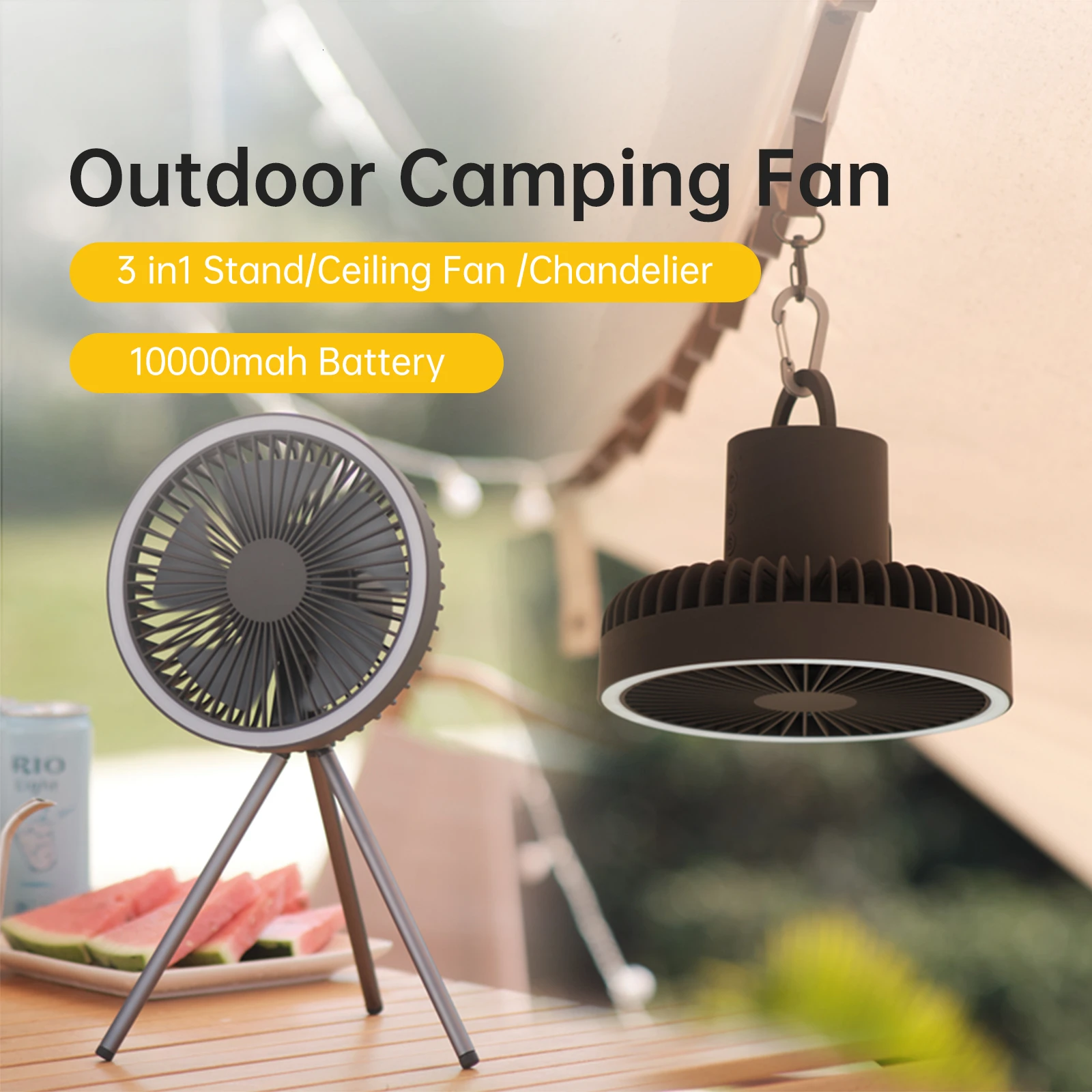 

2024 10000Mah Portable Camping Fan Rechargeable Multifunctional Mini Fan USB Outdoor Ceiling Fan Led Light Tripod Stand Desktop